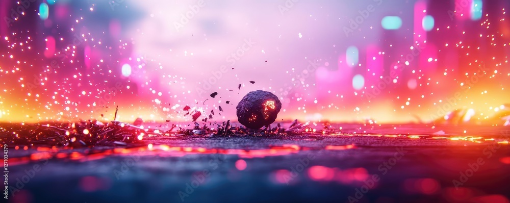 Aufkleber Asteroid impact idea. A vibrant digital landscape with a glowing orb creating ripples in a colorful background.