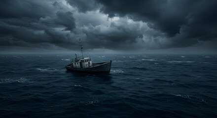 Naklejka premium Stormy sea horizon lone boat adrift dark clouds swirling