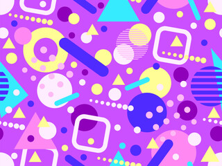 Geometric seamless pattern with memphis elements in 80s style. Colorful geometric pattern. Design of promotional products, wrapping paper and printing. Vector illustration