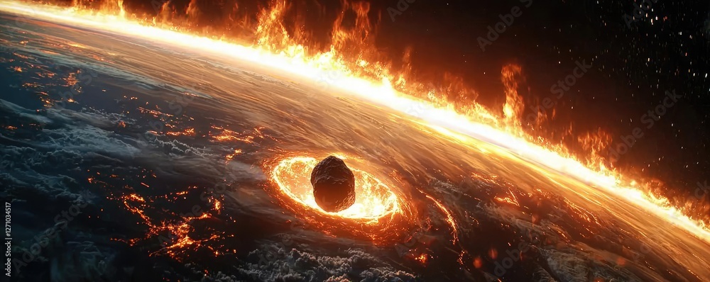 Poster asteroid impact idea. an imaginative depiction of earth engulfed in flames from a catastrophic event