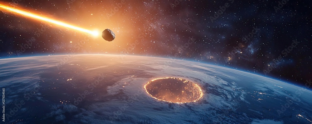 Poster asteroid impact idea. a stunning view of an asteroid approaching earth, highlighting chaos in space.