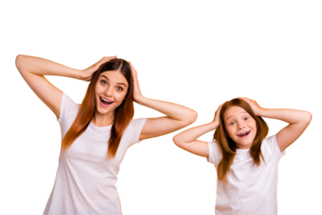 Portrait of cute impressed people with long haircut screaming wow omg wearing white t-shirt isolated over yellow background