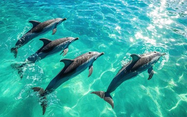 Obraz premium A group of dolphins swimming in a clean, clear ocean