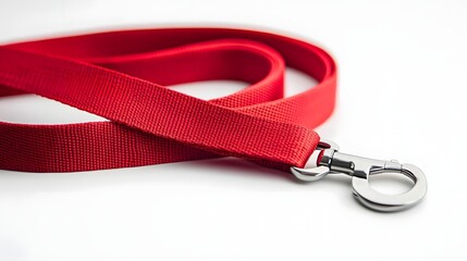 Vibrant red dog leash with a shiny metal clip, resting on a white background, ideal for pet accessories