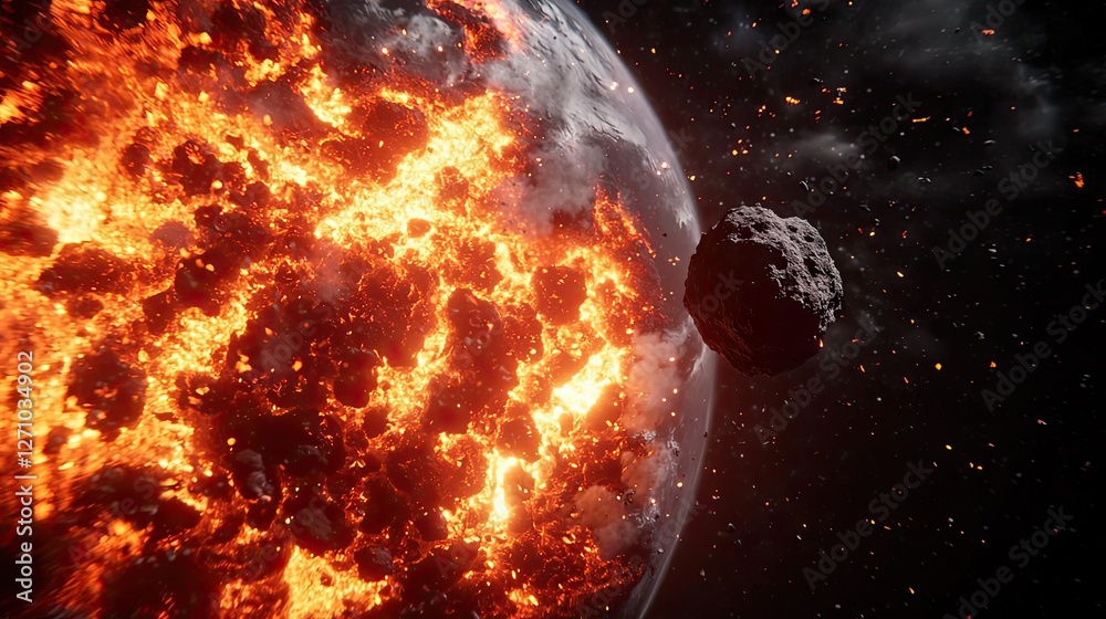 Poster asteroid impact idea. a vibrant depiction of a burning planet with an asteroid nearby in space.