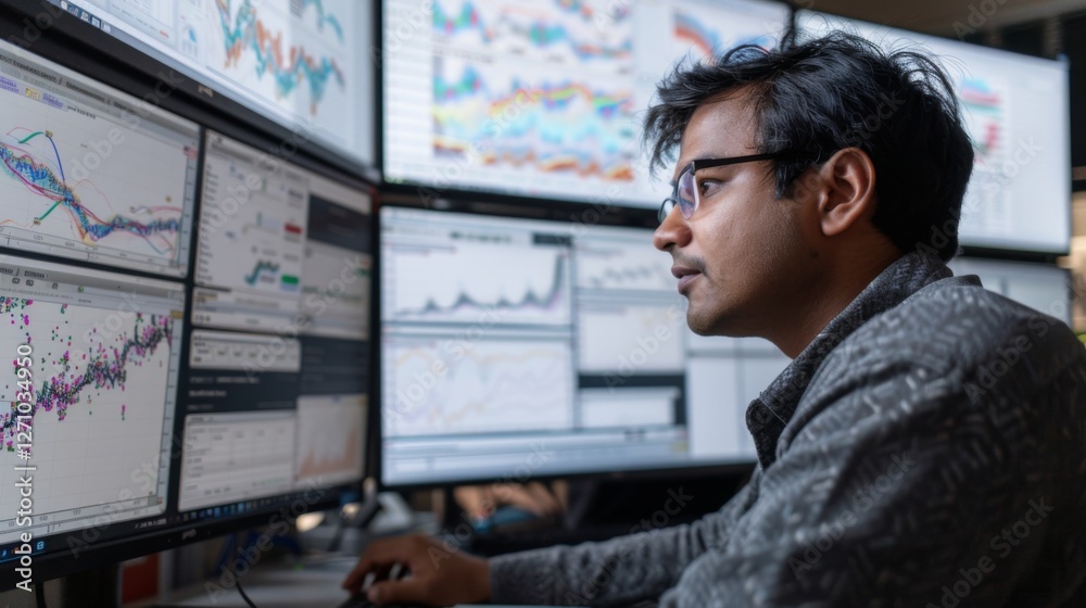 Poster Professional analyzing complex financial data on several computer monitors filled with dynamic graphs and statistics in a contemporary office setting.