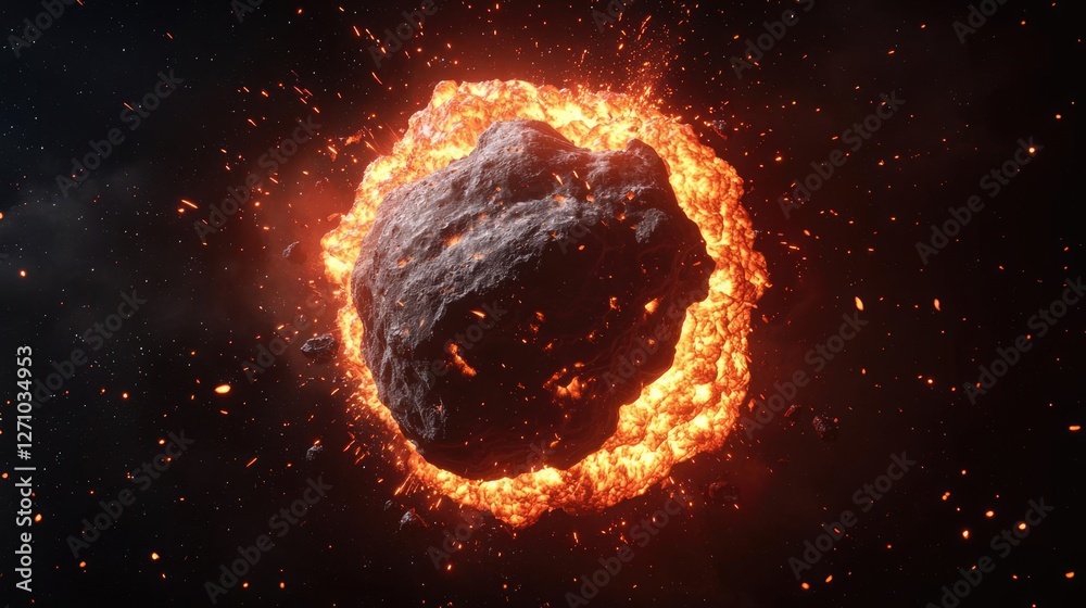 Poster asteroid impact idea. an asteroid enveloped in glowing flames, showcasing cosmic phenomenon.