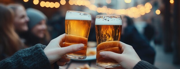 Friends toasting beers at outdoor market. Festive lights blur background. Social gathering
