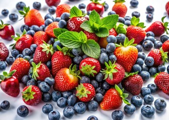 Fototapeta premium Vibrant blueberries and strawberries burst against a pristine white, capturing summer's essence in stylish fashion photography.