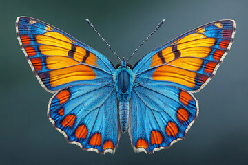 vibrant blue and orange butterfly with intricate wing patterns in close-up macro photography