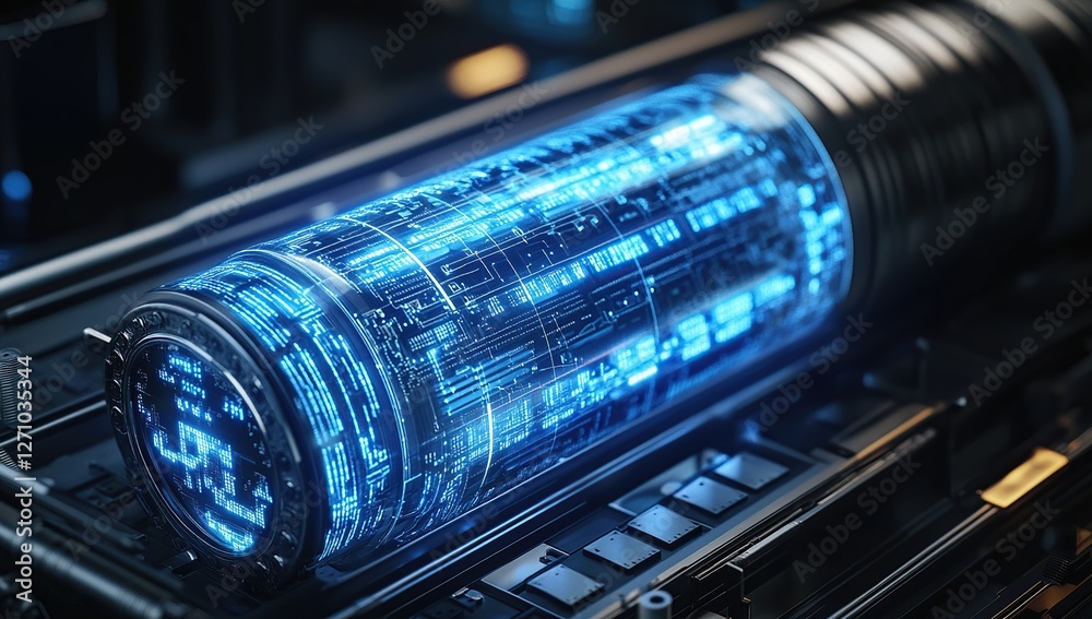 Poster futuristic data cylinder: rotating digital codes displaying advanced technology with illuminated cir