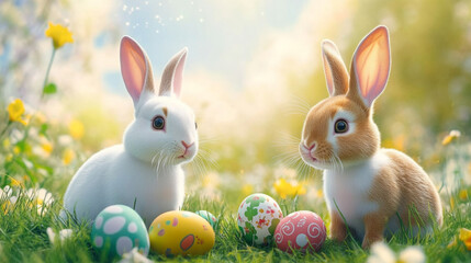 Two rabbits are sitting in a field of grass with a bunch of Easter eggs in front