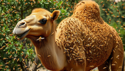 Camel with a thick layer of honeybees on its body, standing in the middle of a green forest, blending nature and wildlife in a surreal way.