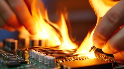 Hands manipulating burning circuit board wires