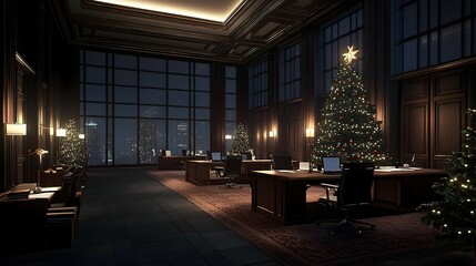 Modern Office Christmas Decorations at Night with City View