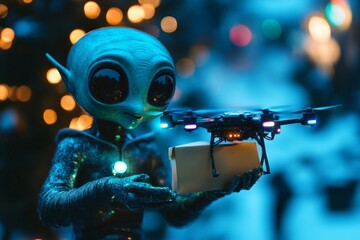 Mystical alien character delivering a package with a drone in a festive winter setting during nighttime