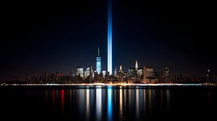 Obraz premium Night City Skyline with a Bright Vertical Light Beam