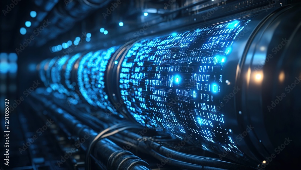 Poster futuristic data streams flowing through cylindrical servers: a glimpse into advanced computing techn