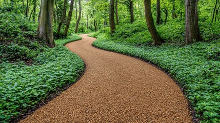 Obraz premium A tranquil path winding through lush green leaves in a dense forest setting