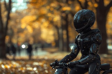 Fototapeta premium Futuristic robot cyclist navigating through a vibrant autumn park setting in the late afternoon light