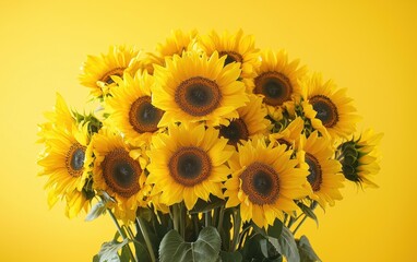 Obraz premium A large bouquet of sunflowers against a bright yellow backdrop
