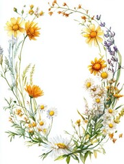Watercolor Oval Wreath with Meadow Plants: Chamomile, Saffron, Wormwood, Nettle, Calendula
