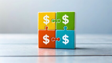 Obraz premium Colorful puzzle pieces with dollar signs symbolizing financial success and problem solving