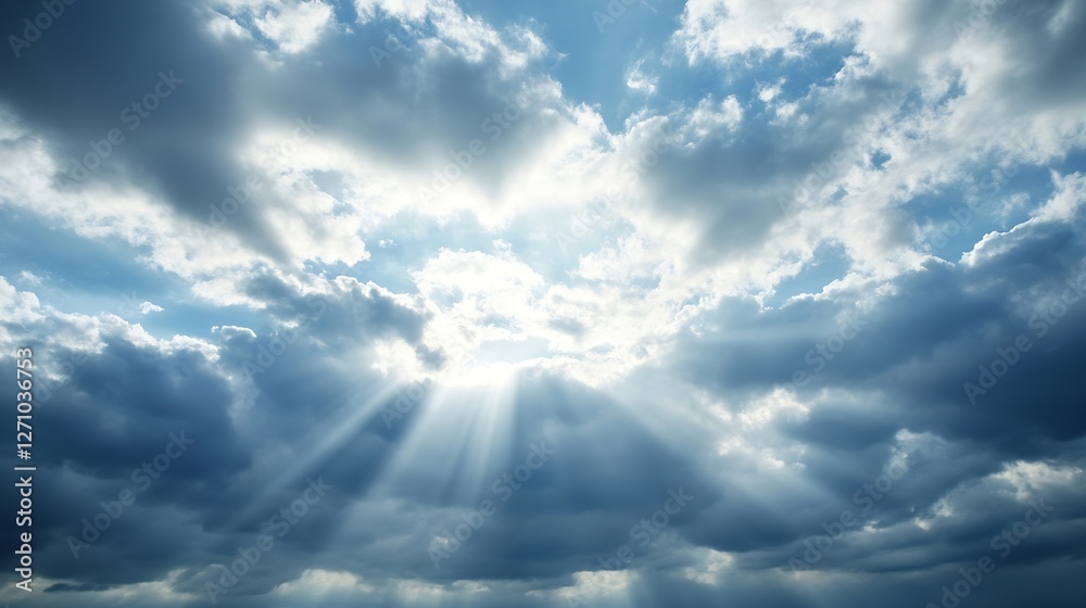 Poster Dramatic clouds with rays of sunlight breaking through the sky creating a stunning atmosphere : Generative AI