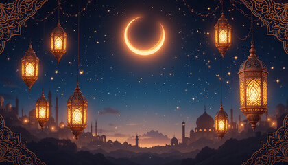 Obraz premium A warm, glowing background designed Ramadan lanterns 