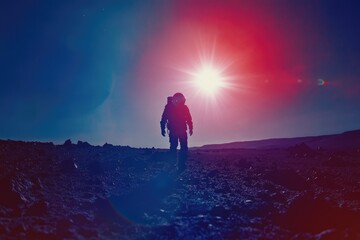 Obraz premium Silhouetted astronaut traversing a desolate, rocky alien landscape under a vibrant sunset.