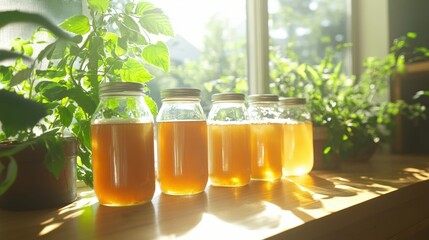 Sunlit jars of homemade honey on wooden counter with fresh greenery