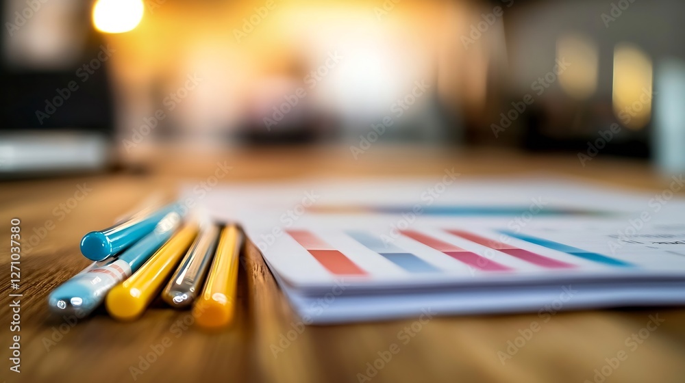 Poster close up view of colorful pens and paper charts laid out on a wooden desk for creative work setup : 
