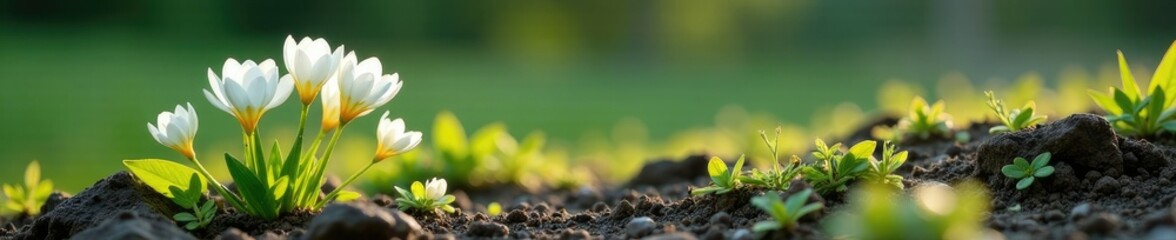 Fototapeta premium White flowers push through stony soil in quiet bloom, bloom, white flowers