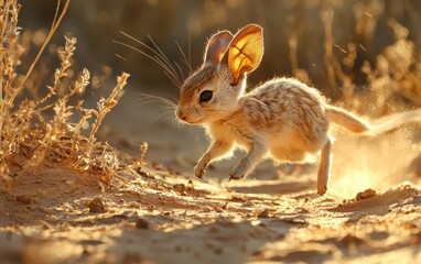 Obraz premium A long-eared jerboa hopping through the desert