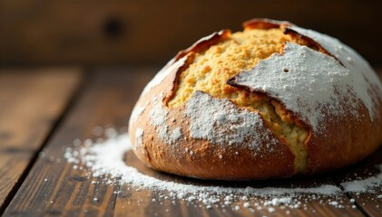 Naklejka premium Sourdough bread on wooden surface with subtle flour stains, stained, wood, bread