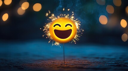 Joyful celebration, Smiling emoji with sparkling firework on blurred background
