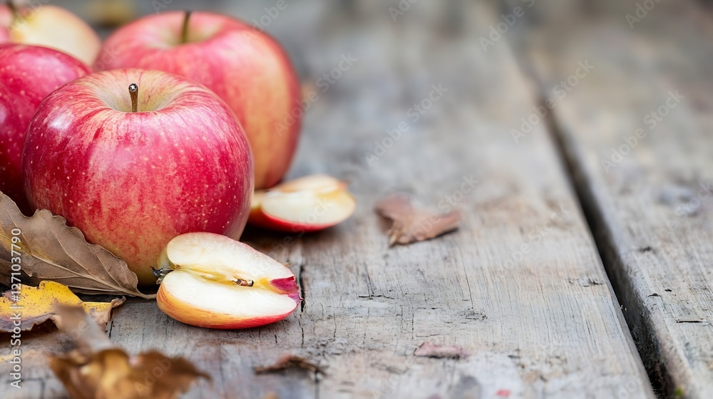 Poster freshly picked red apples with slices on wooden background with autumn leaves : generative ai
