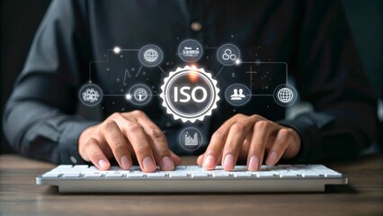 Hands Typing on Keyboard with ISO Symbol and Digital Icons Above in Modern Workspace