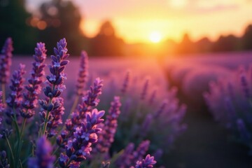 Obraz premium Softly glowing sunset highlights lavender blooms, field, colors, warm