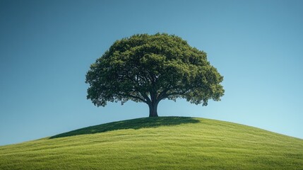 Obraz premium Solitary tree on grassy hill, clear blue sky