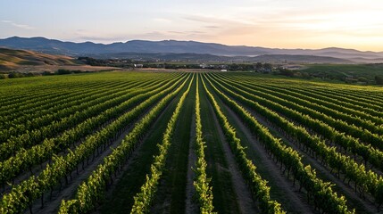 Stunning aerial view of a lush vineyard with rows of grapevines extending into the horizon during sunset : Generative AI