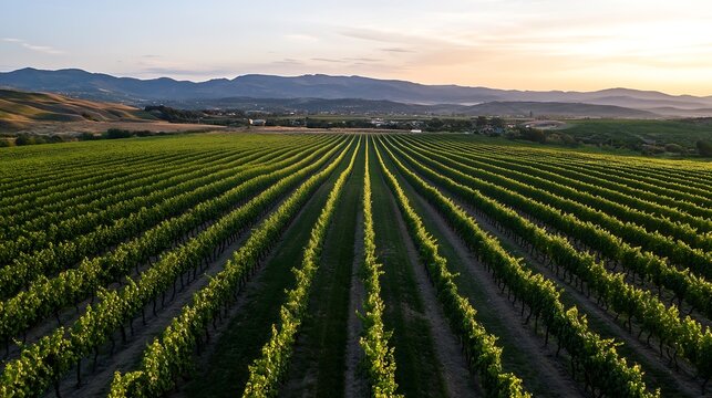 Stunning aerial view of a lush vineyard with rows of grapevines extending into the horizon during sunset : Generative AI
