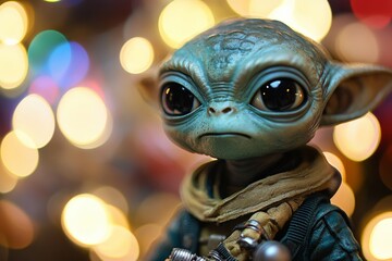 Small green character with large eyes standing in front of colorful lights during festive season, showcasing detailed features