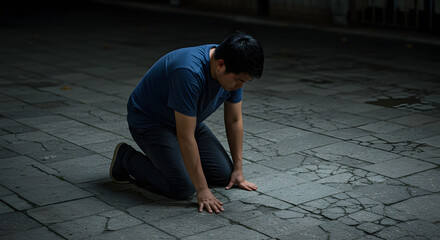 Weight on shoulders hunched figure carrying invisible burden heavy steps