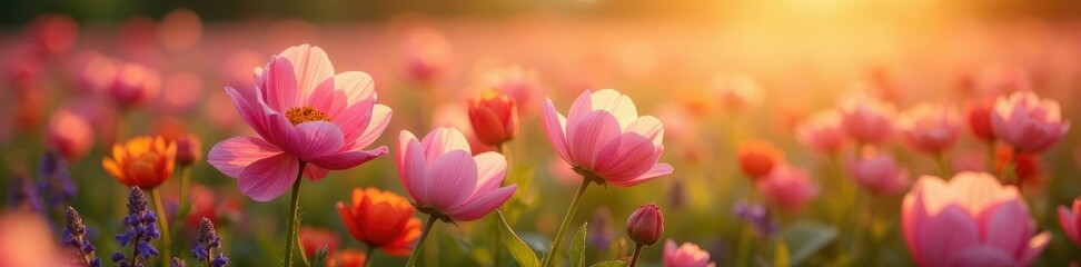 Obraz premium Softly glowing petal clusters amidst a vast sun-kissed field of colorful blooms, flower fields, meadows, landscapes