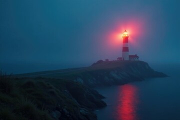 Fototapeta premium Softly glowing lighthouse beam cutting through foggy night air, landscape, coastal
