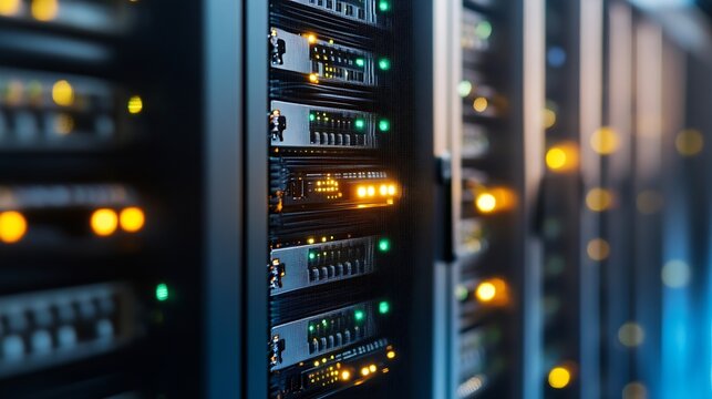 Hightech server room with illuminated network servers showcasing data processing capabilities : Generative AI
