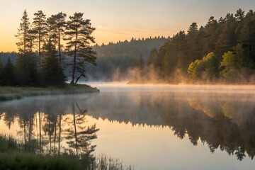 Fototapeta premium Misty Dawn Reflection: Tranquil Lake, Golden Sunrise, and Serene Forest – 10K Ultra-HD Breathtaking Scenery