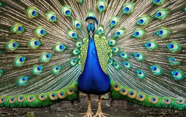 Obraz premium A majestic peacock displaying its shimmering feathers