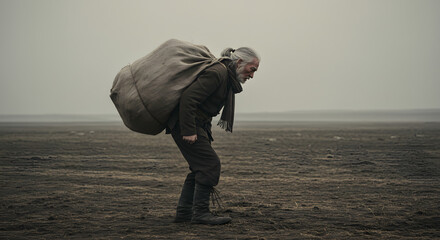 Weight on shoulders hunched figure carrying invisible burden heavy steps